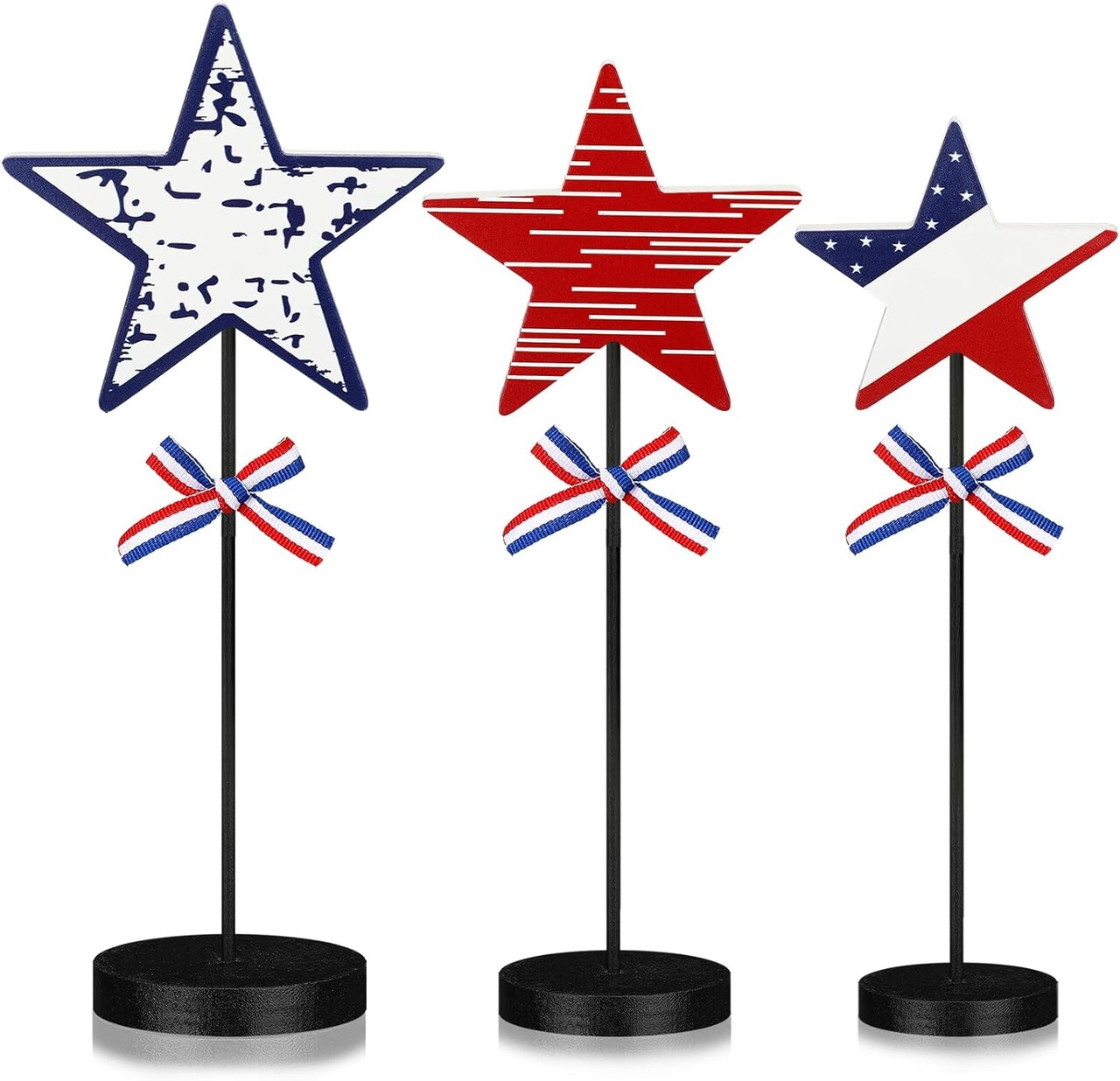 3 Pcs 4th of July Star Table Decor Memorial Day Patriotic Wooden Sign Red White Blue Star Block Tall Standing for Independence Day Table Home Kitchen